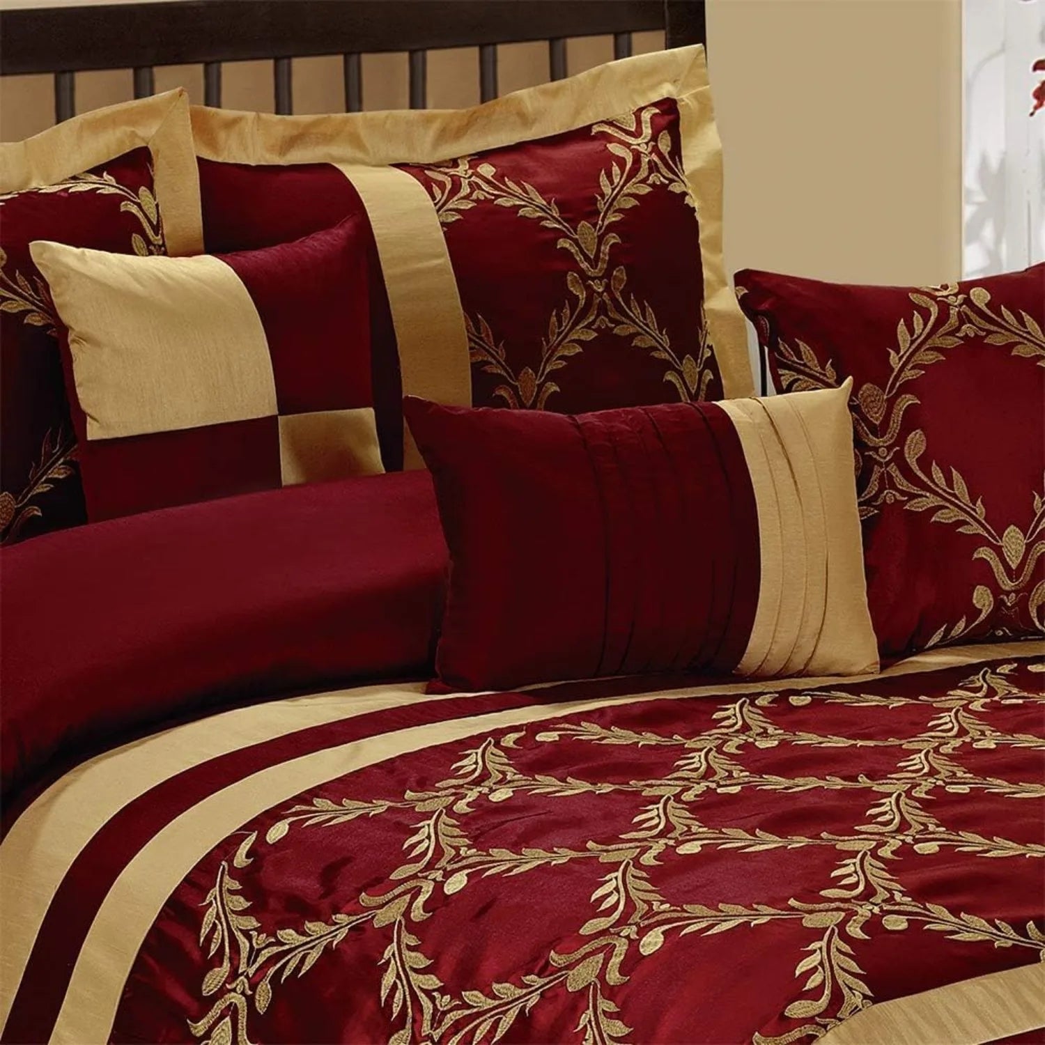 7 Piece Comforter Set King - Burgundy and Gold Faux Silk Fabric Embroidered