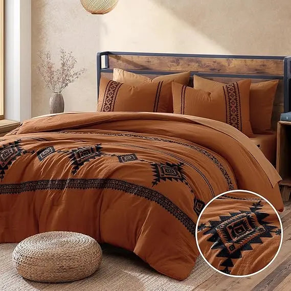 7 Pieces -Queen Size -Burnt Orange Embroidery Comforters Set