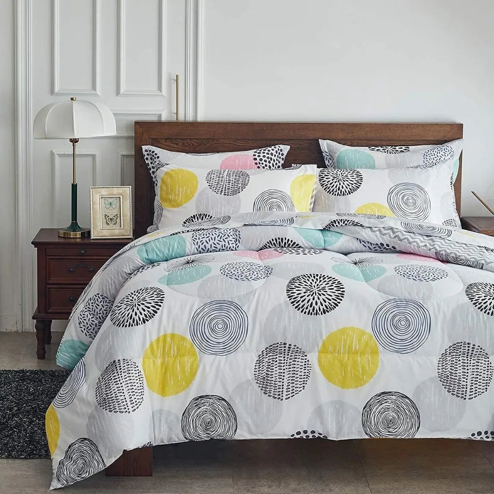7 Pieces Comforter Sheet Set Queen Size -Colorful Dots Bedding Set
