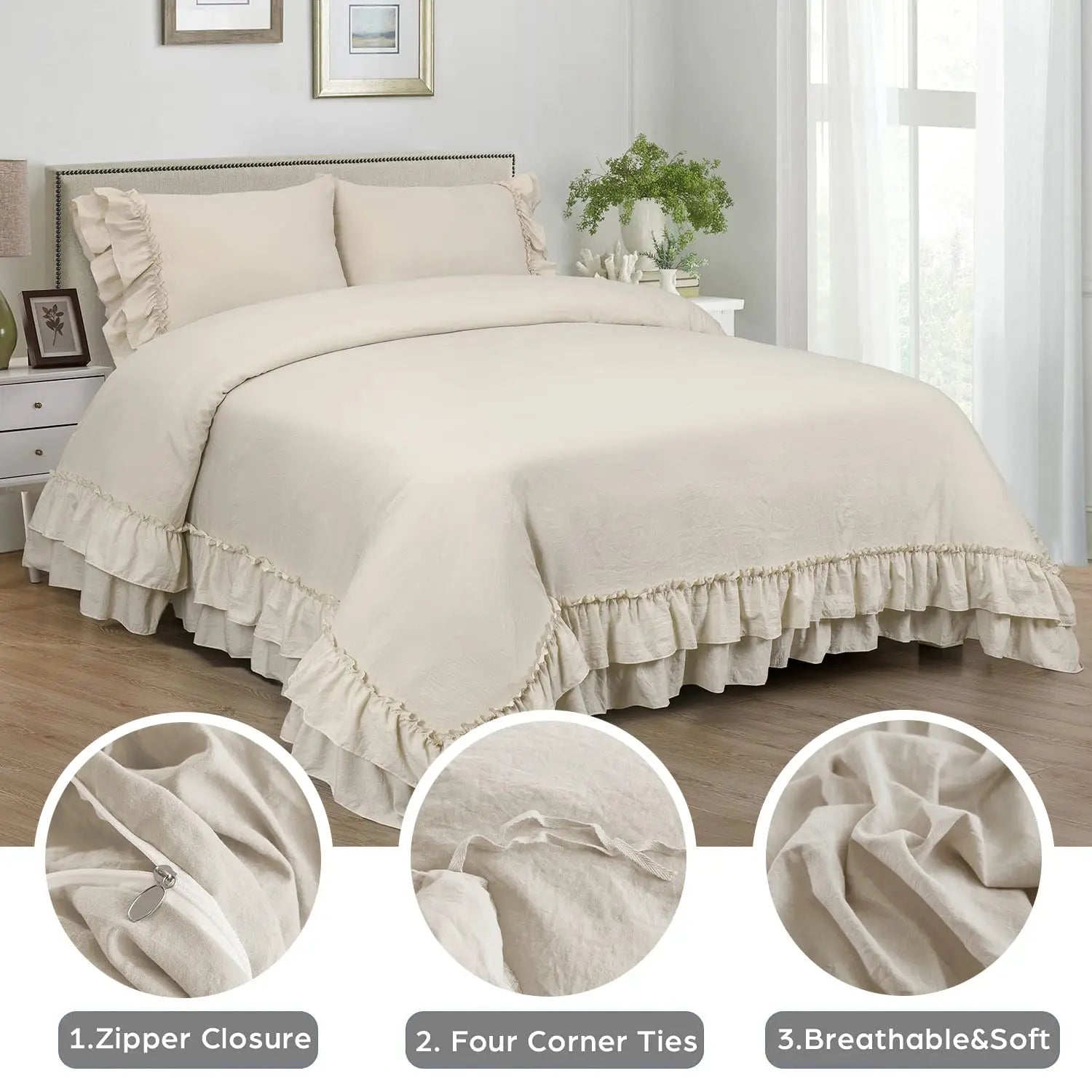 3 Piece Ruffled DUVET Cover Set Queen- COMFORTER NOT INCLUDED