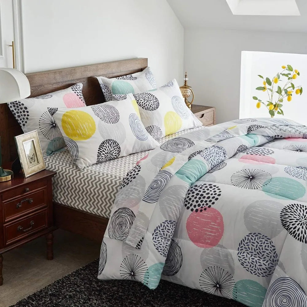 7 Pieces Comforter Sheet Set Queen Size -Colorful Dots Bedding Set
