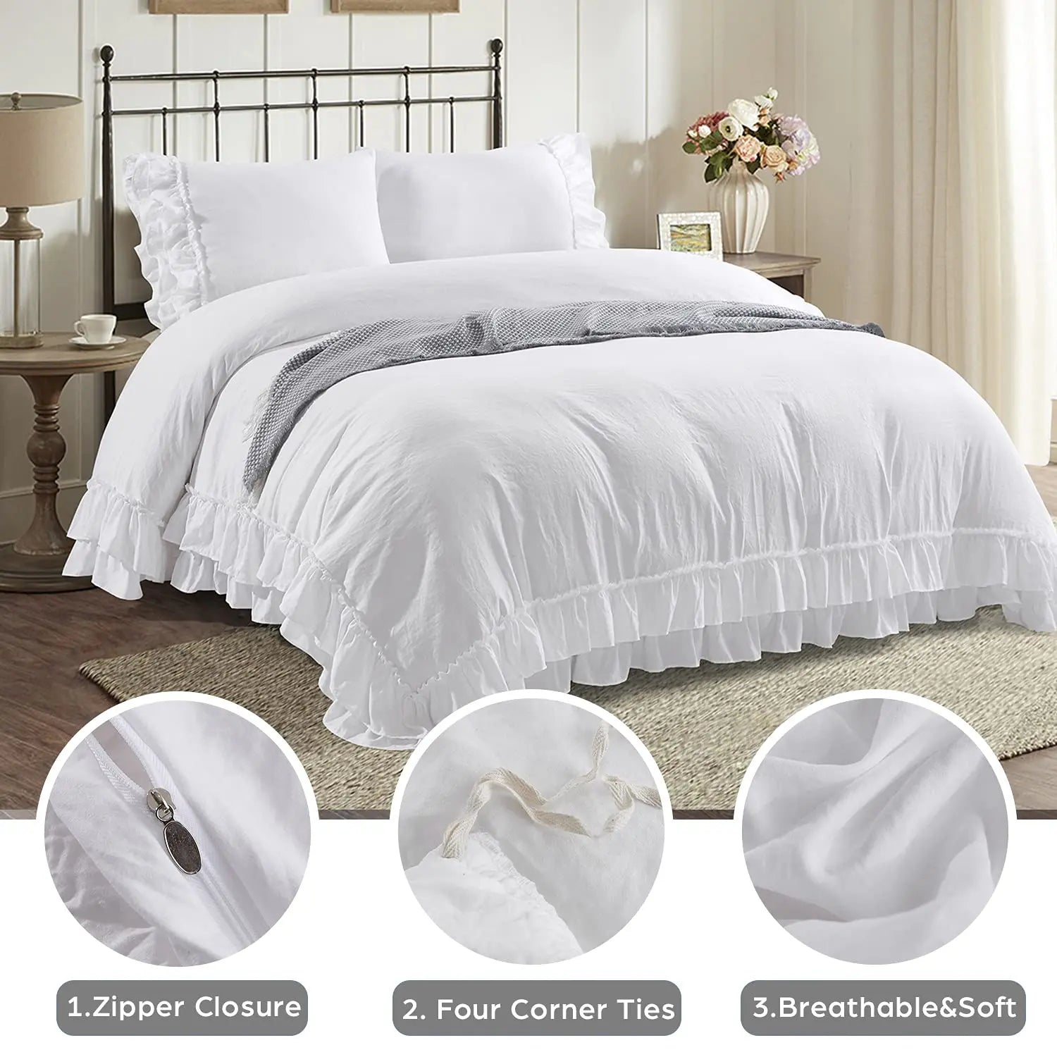 3 Piece Ruffled DUVET Cover Set Queen- COMFORTER NOT INCLUDED