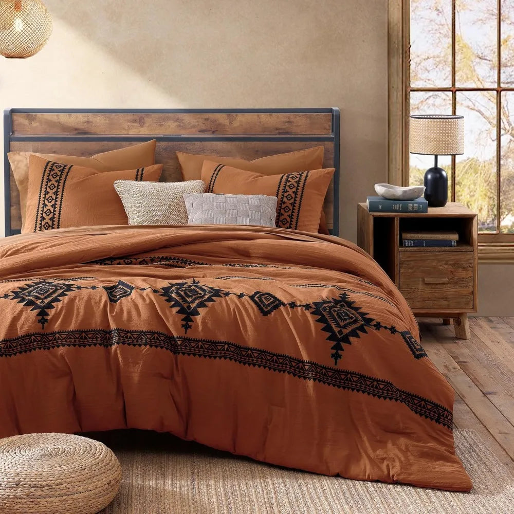 7 Pieces -Queen Size -Burnt Orange Embroidery Comforters Set