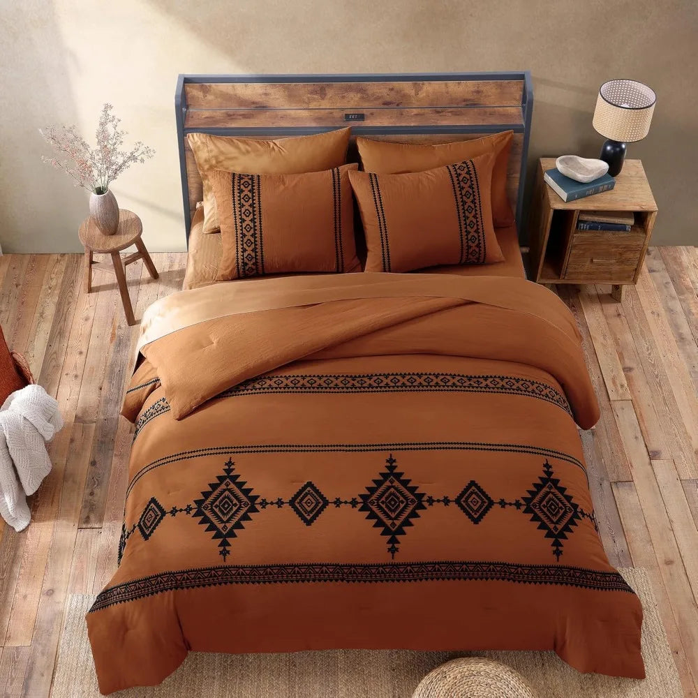 7 Pieces -Queen Size -Burnt Orange Embroidery Comforters Set