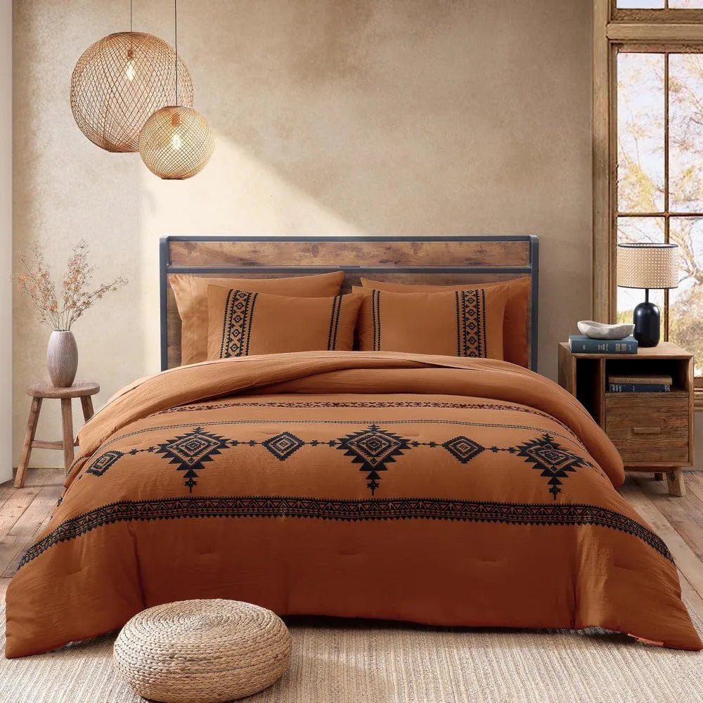 7 Pieces -Queen Size -Burnt Orange Embroidery Comforters Set