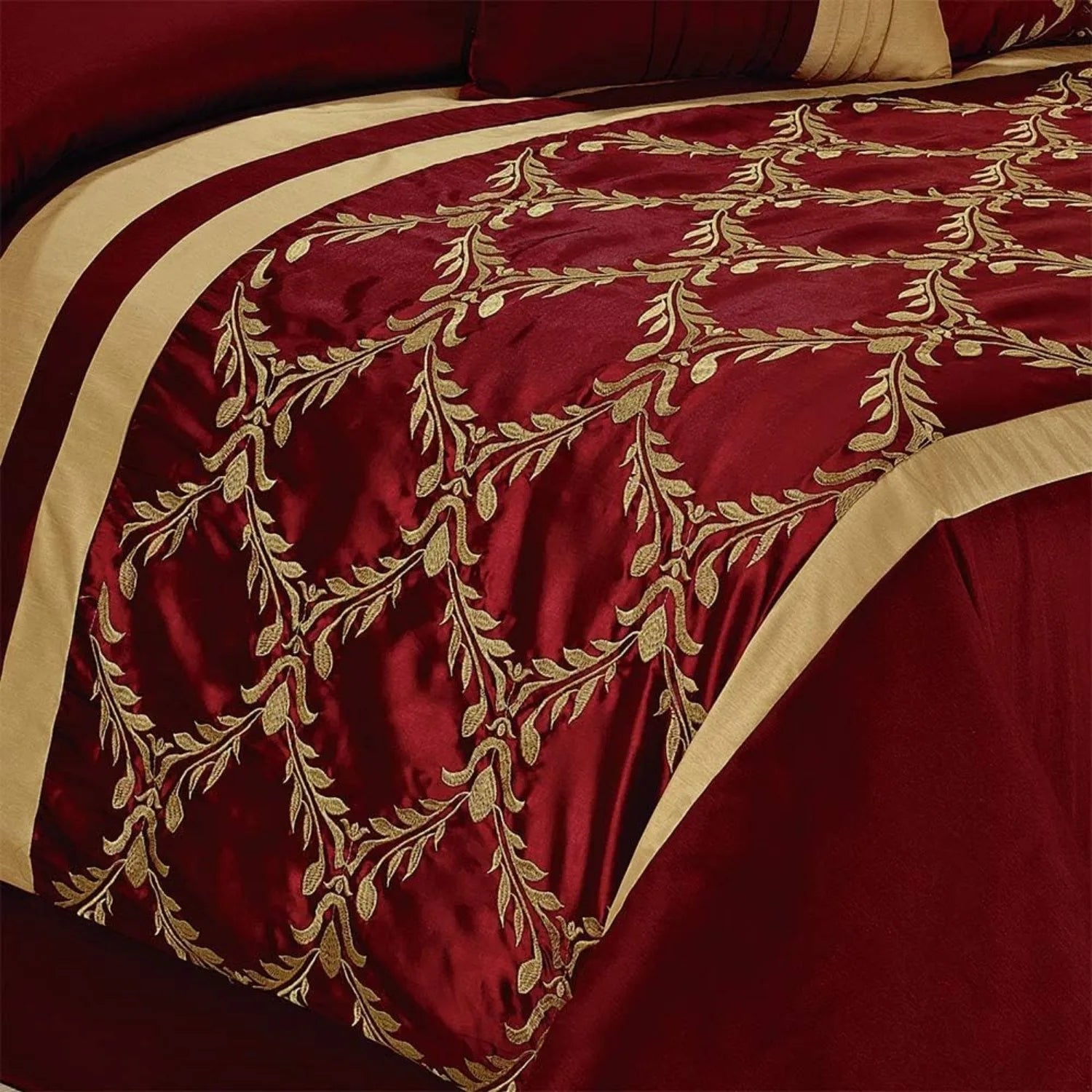 7 Piece Comforter Set King - Burgundy and Gold Faux Silk Fabric Embroidered