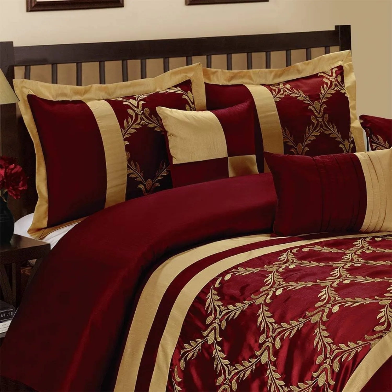 7 Piece Comforter Set King - Burgundy and Gold Faux Silk Fabric Embroidered