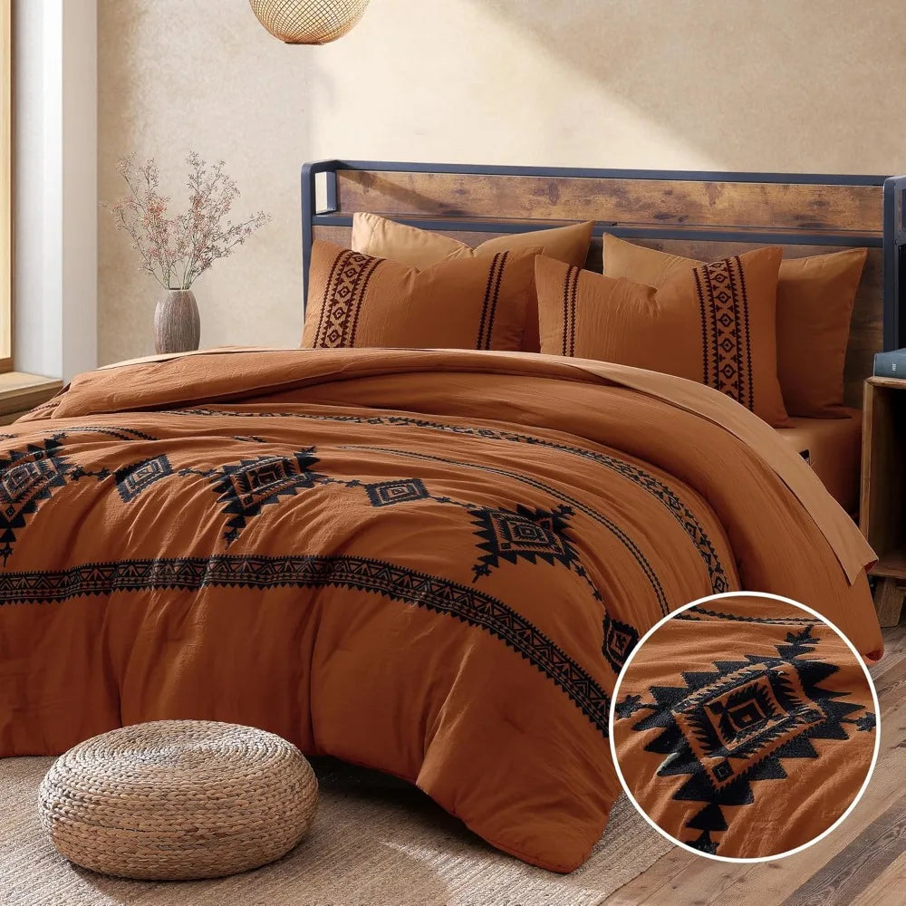 7 Pieces -Queen Size -Burnt Orange Embroidery Comforters Set