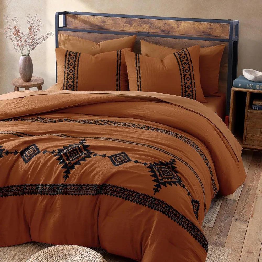 7 Pieces -Queen Size -Burnt Orange Embroidery Comforters Set