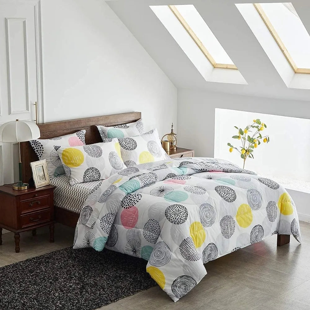 7 Pieces Comforter Sheet Set Queen Size -Colorful Dots Bedding Set