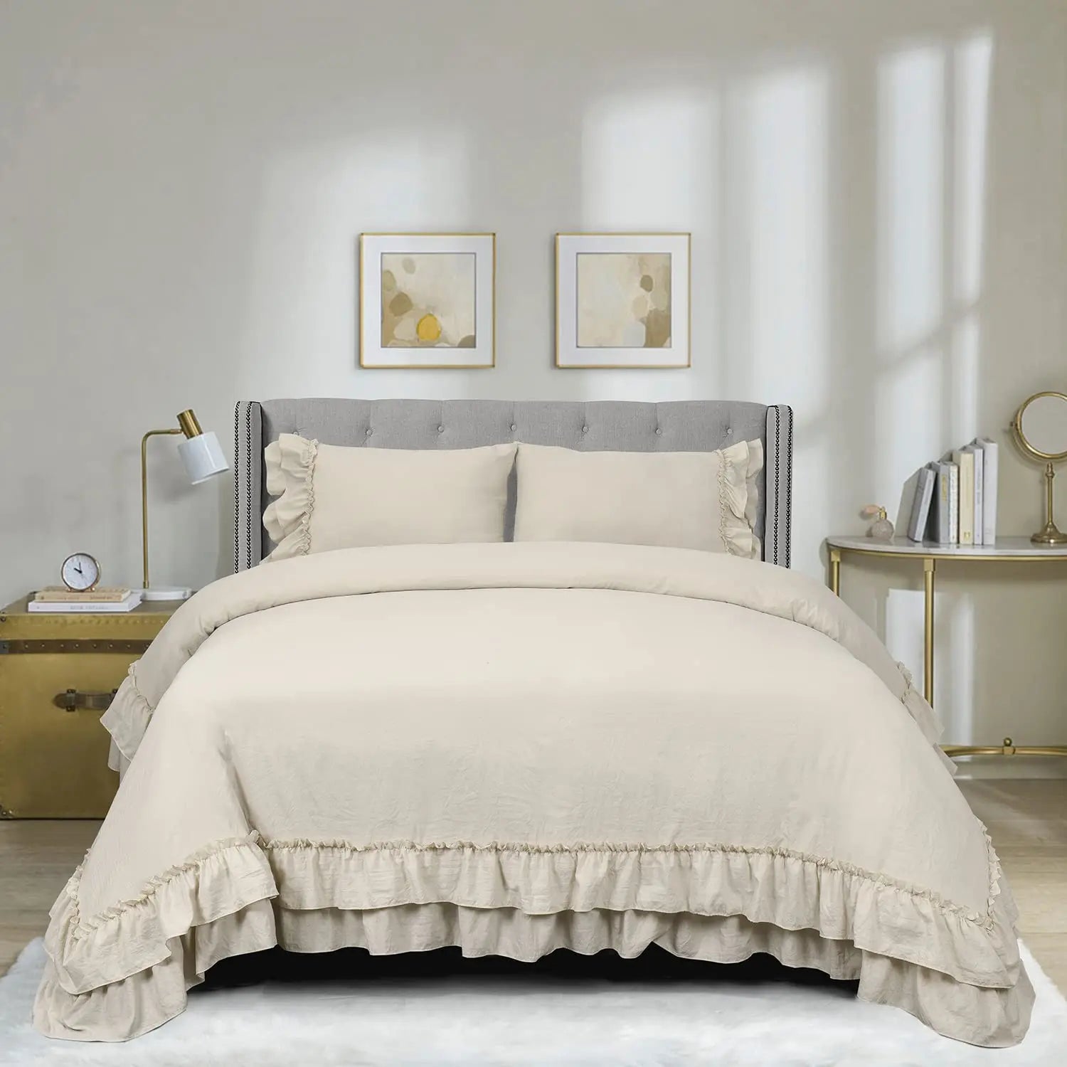 3 Piece Ruffled DUVET Cover Set Queen- COMFORTER NOT INCLUDED