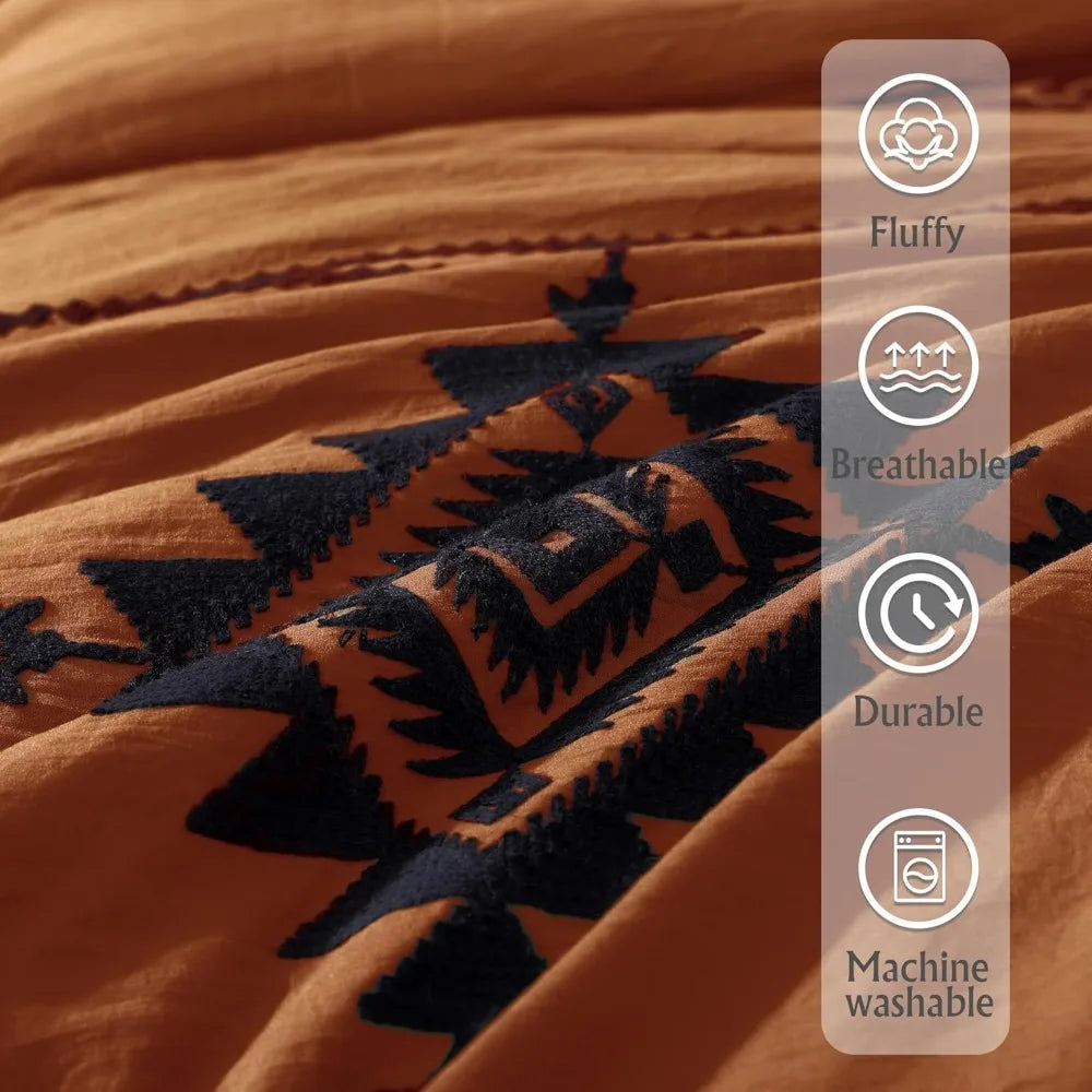 7 Pieces -Queen Size -Burnt Orange Embroidery Comforters Set
