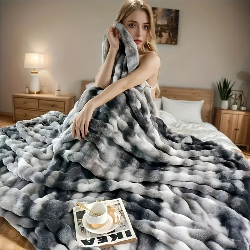 1pc Cozy Faux Rabbit Fleece Throw/ Ocersize Throw Blanket