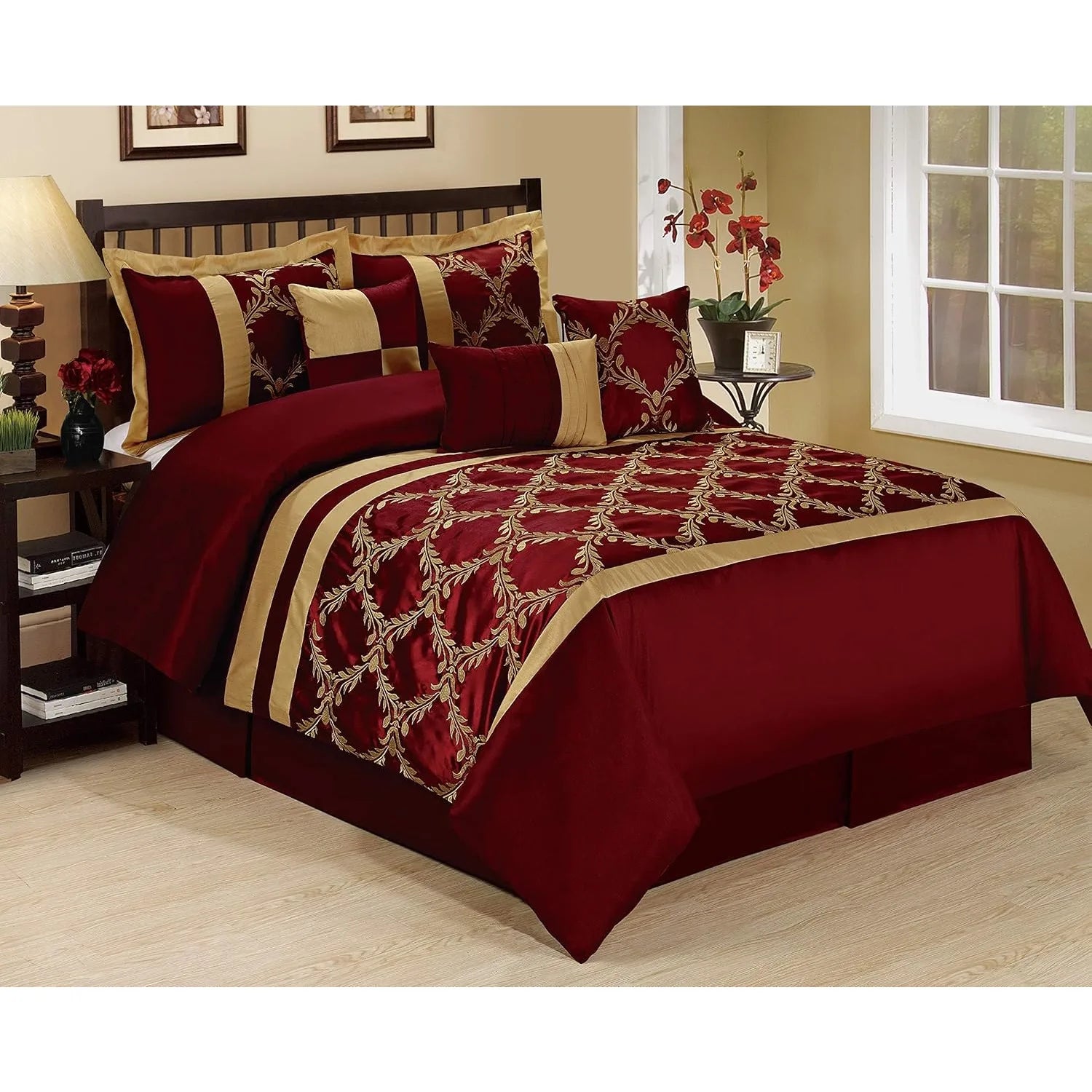 7 Piece Comforter Set King - Burgundy and Gold Faux Silk Fabric Embroidered
