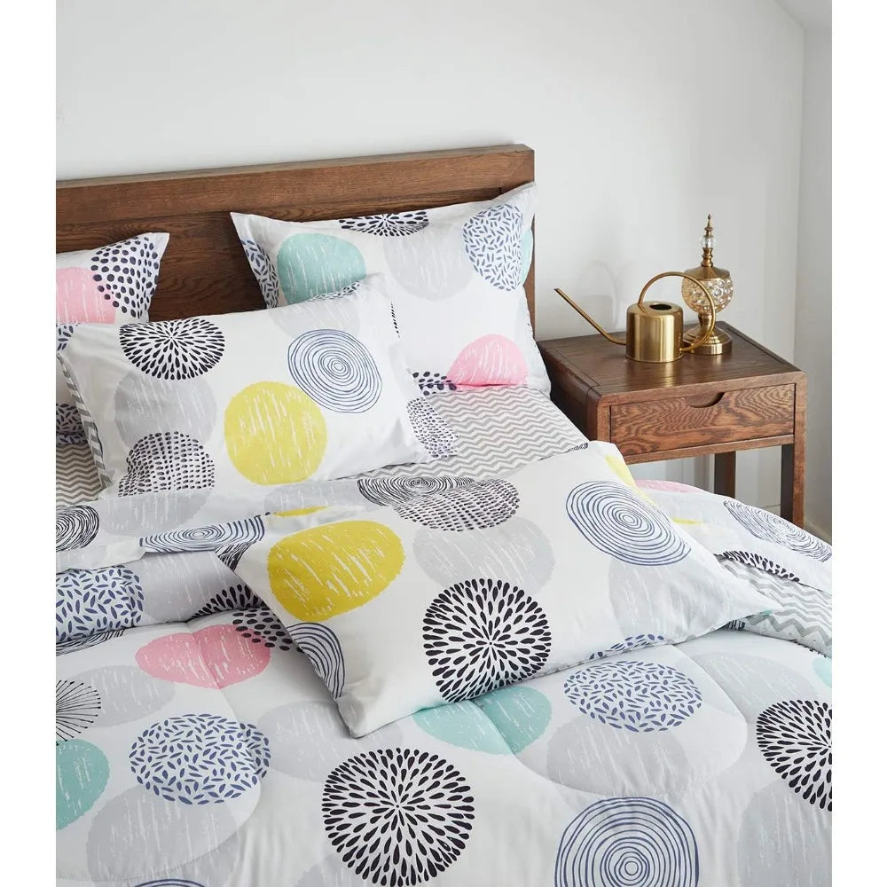 7 Pieces Comforter Sheet Set Queen Size -Colorful Dots Bedding Set