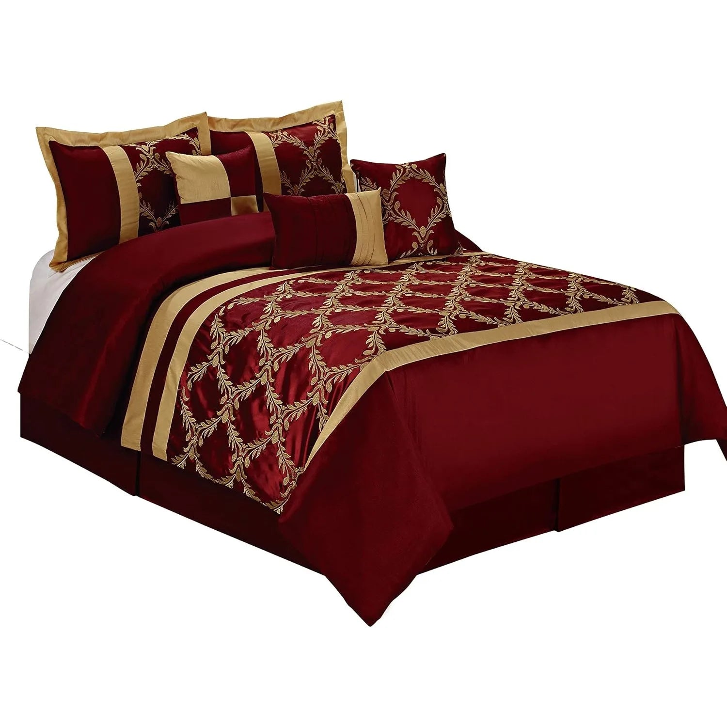 7 Piece Comforter Set King - Burgundy and Gold Faux Silk Fabric Embroidered