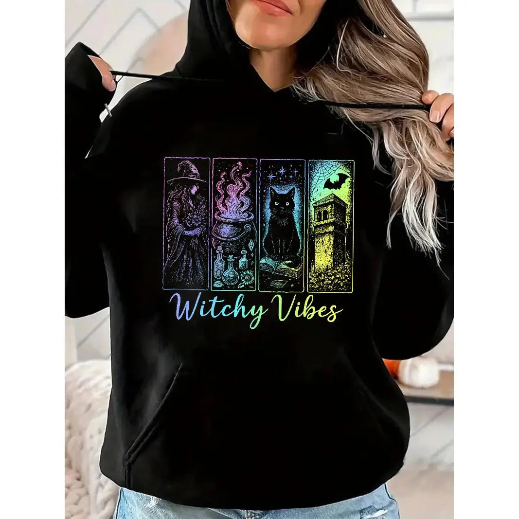 “Rainbow Witchy Vibes Pullover Hoodie – Magic Black Cat & Cauldron Graphic”