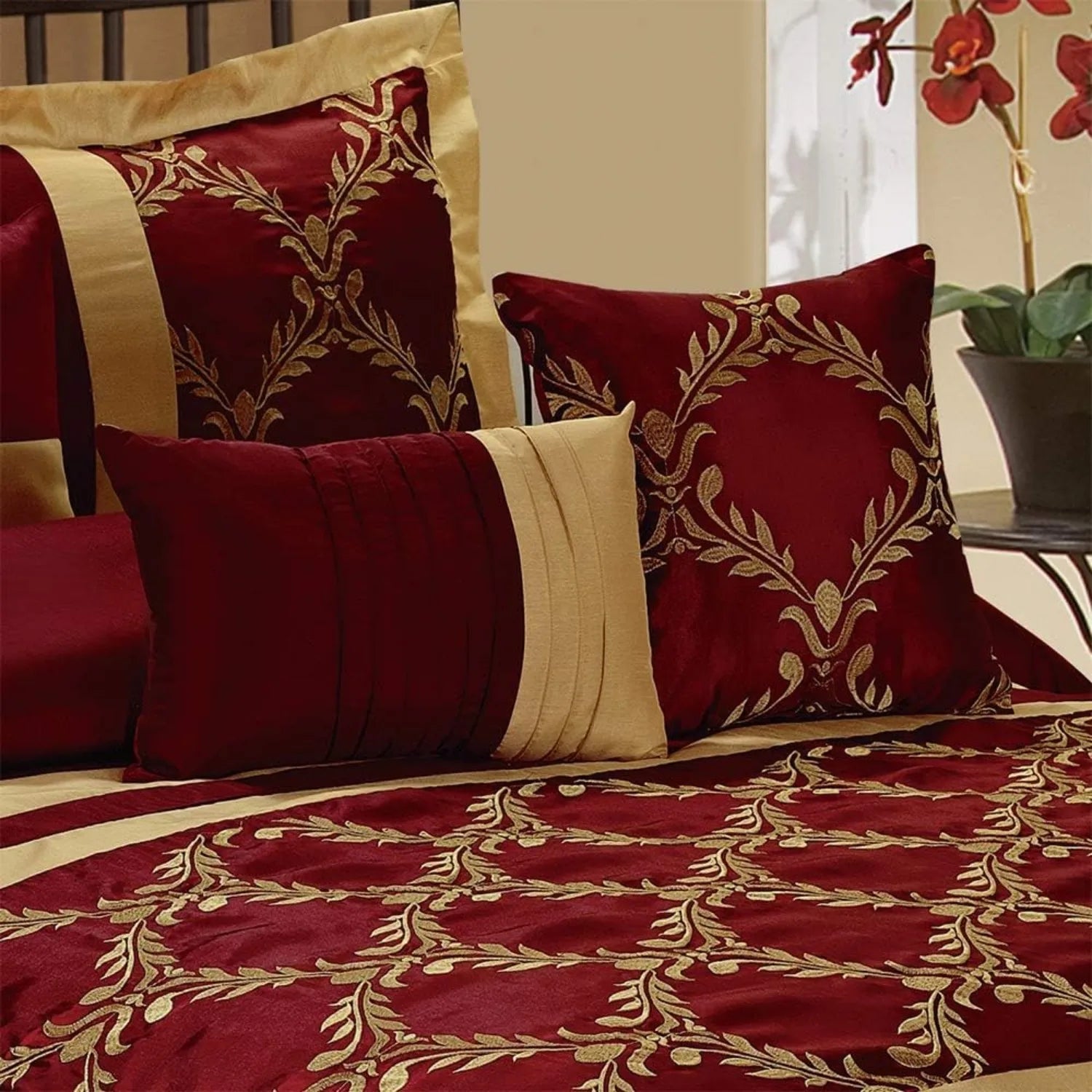7 Piece Comforter Set King - Burgundy and Gold Faux Silk Fabric Embroidered