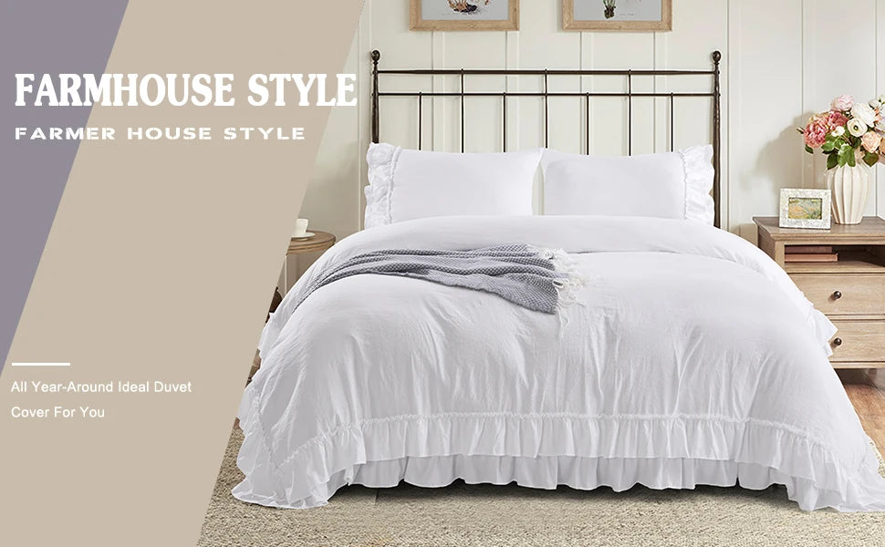 3 Piece Ruffled DUVET Cover Set Queen- COMFORTER NOT INCLUDED