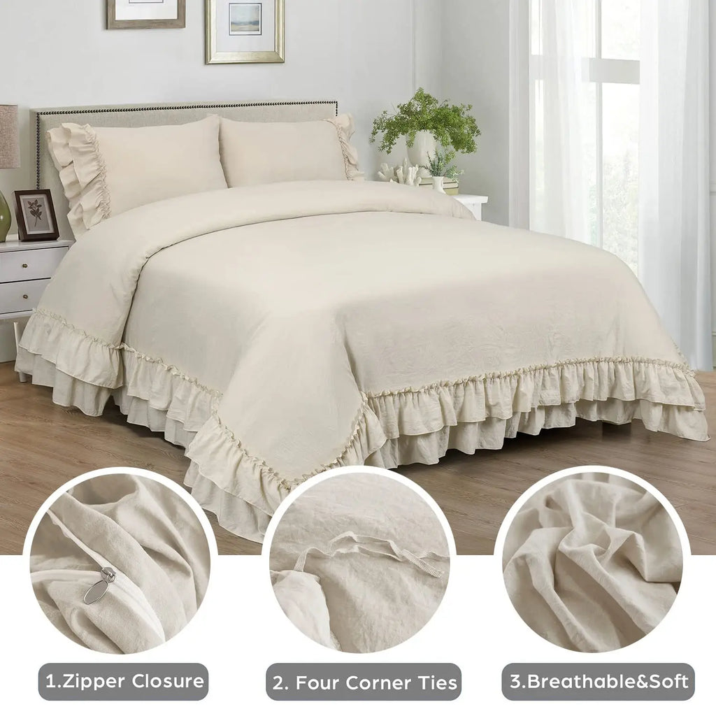 3 Piece Ruffled DUVET Cover Set Queen- COMFORTER NOT INCLUDED