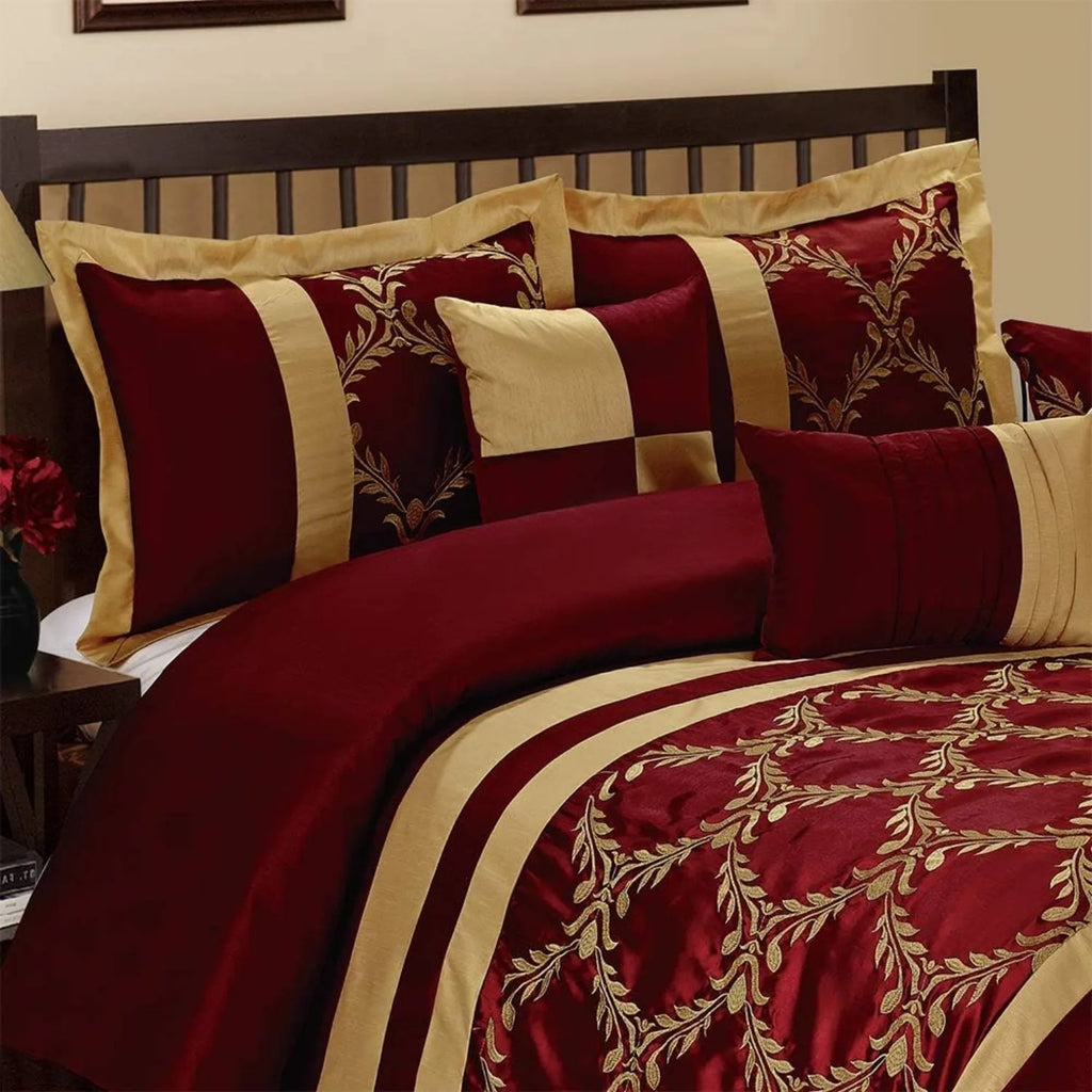7 Piece Comforter Set King - Burgundy and Gold Faux Silk Fabric Embroidered