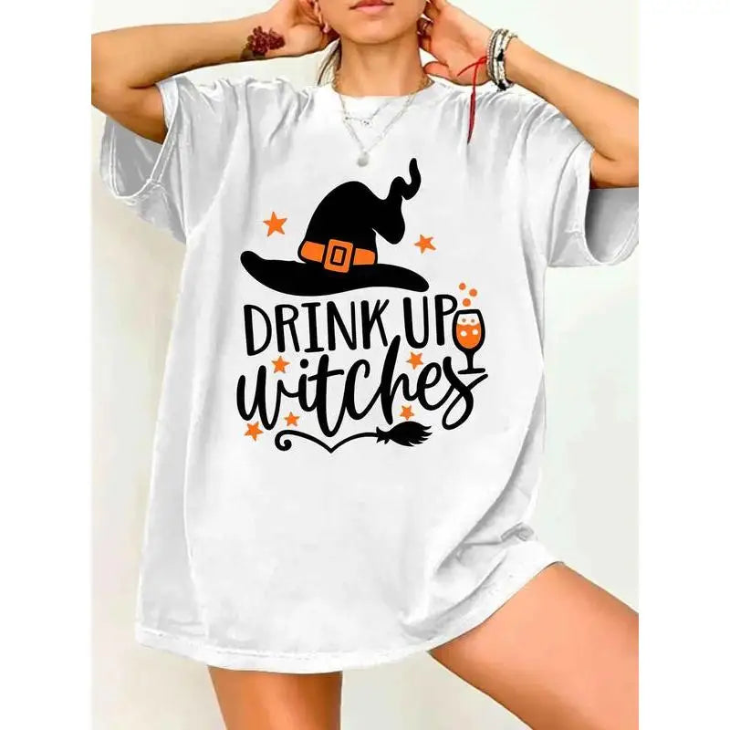 Funny "Drink Up Witches" Graphic Tee-Oversized Halloween T-Shirt Women,